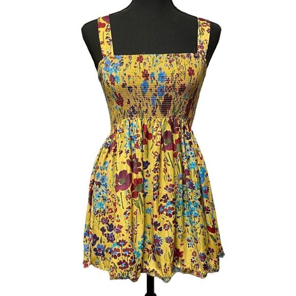 ZARA Mustard Yellow Floral Smocked Mini Dress Top - Picture 2 of 10